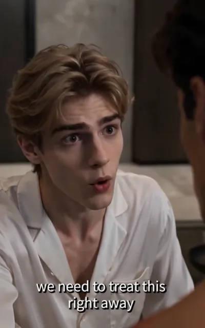 The urgent ask — a light golden-brown-curled young man in a white shirt open at the collar, eyes wide and lips parted, urgent and earnest toward someone just out of frame, a dark-haired silhouette at frame corner, soft dim room behind, the caption we need to treat this right away beneath (ep7; subtitles as aired)
