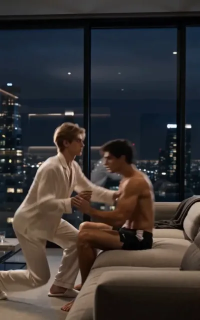 The kneeling clasp — in a high-rise living room at night, city lights beyond the full glass wall, a golden-brown-haired man in an ivory pajama set kneels on the floor, one hand clasping the hand of a shirtless dark-curled man seated at the sofa's edge, his other hand at the man's chest, both looking at each other mid-motion (ep7; intimacy-adjacent frame as aired, not amplified — support context)