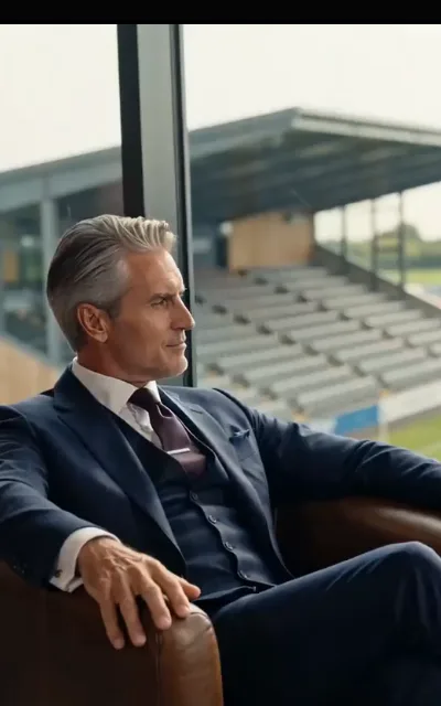The boardroom — a silver-haired executive in a charcoal suit watching the pitch from a glass box above the stands, expression unreadable (ep2; atmosphere beat; unnamed club executive, no card, no avatar)
