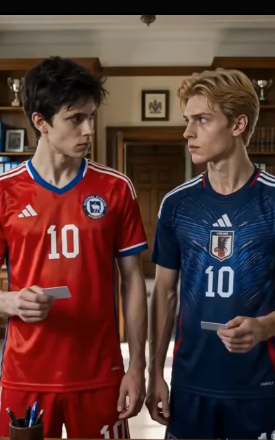 The face-off — two number-10 kits facing each other at the touchline, navy against red, a fictional shield-shaped club crest on each chest, neither looking away (ep3; HERO SOURCE; brand-pattern kept as aired — the fictional shield crests are the drama's own costume design, as broadcast)