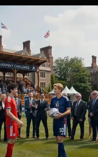 The kickoff — the referee's whistle frame, the two number-10s flanking the center circle, a fictional club crest on the match ball banner behind (ep5; atmosphere beat; brand-pattern kept as aired — fictional crest described generically)