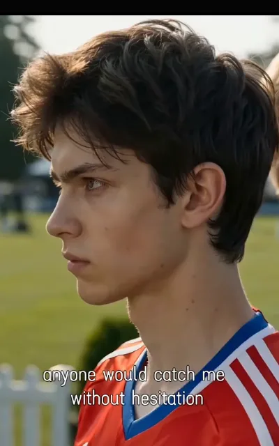 The sprint duel — two shirts stretched shoulder to shoulder chasing the same ball, orange-red striped trim on one sleeve, the caption “anyone would catch me without hesitation” beneath (ep5; subtitles as aired; brand-pattern kept as aired — striped trim described generically)