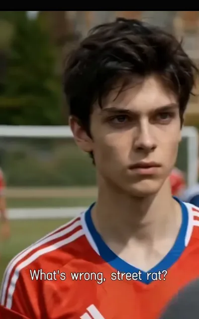 The collision — a hard shoulder challenge on the touchline, the red captain standing over his rival, the caption “What's wrong, street rat?” beneath (ep6; subtitles as aired; brand-pattern kept as aired — kit element described generically; class-jab line kept as aired, collected not amplified)