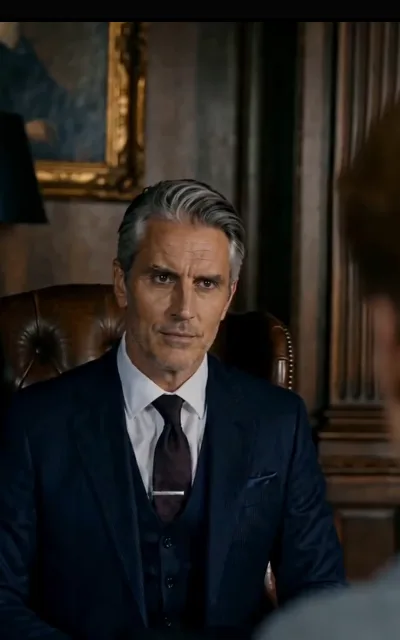 The executive's box, later — the silver-haired executive on the phone behind the glass, the pitch a grid of light below (ep7; atmosphere beat; unnamed club executive, no card, no avatar)