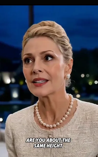 The quiet appraisal — an elegant blonde matron in pearls and cream tweed looking up in question against a night-window bokeh, the caption “ARE YOU ABOUT THE SAME HEIGHT” beneath (ep1; subtitles as aired — substitute-bride groundwork)