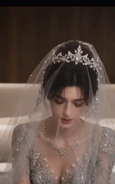 The bridal portrait — a tiara and veil over downcast eyes, a pendant at the collar and beadwork across the gown, warm wood-panel quiet behind (ep2; atmosphere beat — bridal-form portrait, non-sexualized presentation per redline)