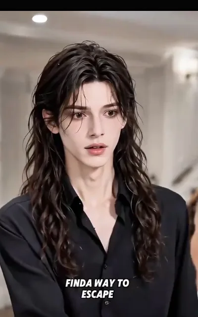 The resolve — a chest-length curly-haired young man in an open black collar shirt turning through a warm-lit hall, the caption “FIND A WAY TO ESCAPE” beneath (ep2; subtitles as aired — autonomous escape context per DAKO ruling, not captivity; male-form suspicion anchor, no name evidence)