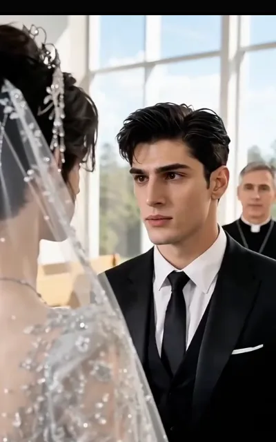 The wedding — the groom in a black three-piece suit facing the veiled bride from behind, an officiant at his back and aisle glass full of daylight (ep2; hero frame; atmosphere beat)