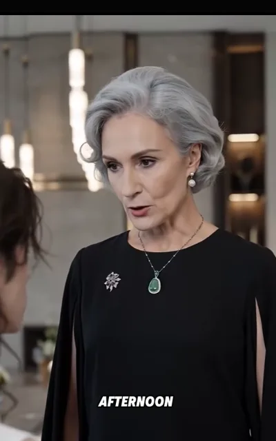 The elder's word — a silver-coiffed matron in black, brooch at the shoulder and a green drop stone at her throat, speaking evenly across a blurred luxury interior, the on-screen label “AFTERNOON” beneath (ep3; atmosphere beat; on-screen time label as aired)