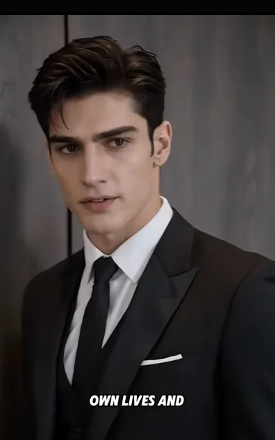 The level stare — a young man in a black formal suit facing the lens against a matte grey wall, a fragmentary caption “OWN LIVES AND” beneath (ep3; atmosphere beat; partial on-screen caption as aired, no completion supplied — male-form suspicion anchor, no name evidence)
