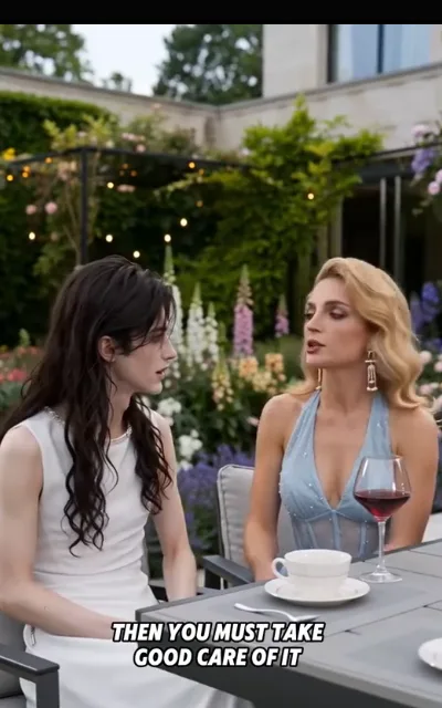 The garden-party aside — two at a dusk table set with wine, one in a beaded cream gown listening, a blonde in a grey-blue gown mid-word, string lights and flowerbeds behind, the caption “THEN YOU MUST TAKE GOOD CARE OF IT” beneath (ep3; subtitles as aired)
