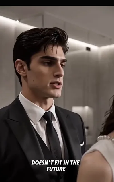 The threshold — a man in a black three-piece speaking sideways to a pearl-necklace figure seen only at the shoulder, recessed lighting overhead, the caption “DOESN'T FIT IN THE FUTURE” beneath (ep3; subtitles as aired)