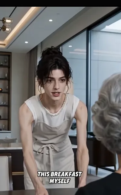The breakfast table — a high-bunned figure in a beaded cream top and knotted apron leaning across a bright kitchen counter toward a silver-coiffed elder, a fragmentary caption “THIS BREAKFAST MYSELF” beneath (ep4; atmosphere beat; partial on-screen caption as aired, no completion supplied — domestic apron scene, non-sexualized per redline)