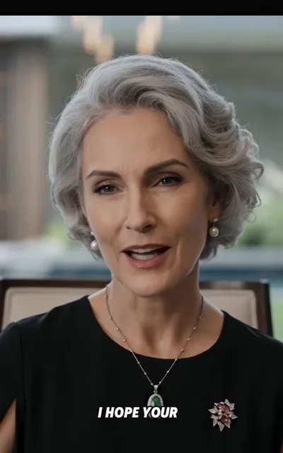 The matron's aside — a silver-coiffed elder in black with a gem-set brooch and a green oval pendant, mid-word against a blurred warm interior, a fragmentary caption “I HOPE YOUR” beneath (ep4; atmosphere beat; partial on-screen caption as aired, no completion supplied)