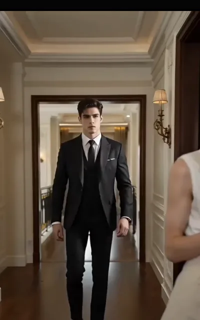 The corridor walk — a man in a black three-piece suit coming down a panelled hallway toward the lens, pocket square in place, a white-sleeved arm small at the frame's edge (ep4; atmosphere beat)