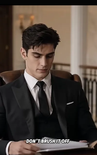 The desk review — a man in a black suit and waistcoat seated low over a sheaf of documents, pendant lamps warm behind, the caption “DON'T BRUSH IT OFF” beneath (ep4; subtitles as aired)