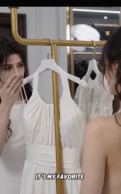 The gown rack — two white gowns side by side on a brass stand in a boutique, a dark-curled figure covering his mouth moved, a companion's shoulder in frame, the caption “IT'S MY FAVORITE” beneath (ep5; subtitles as aired)