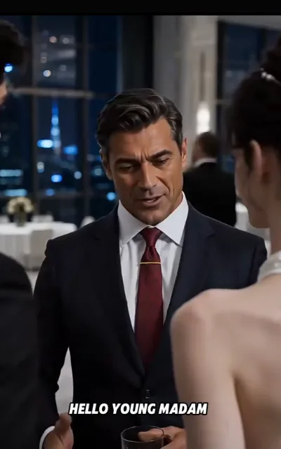 The gala greeting — a silver-templed man in a dark suit with a wine-red tie inclining toward a woman in a backless gown, city lights through the glass behind, the caption “HELLO YOUNG MADAM” beneath (ep5; subtitles as aired; meme-form caption as aired — UTLP keep-not-amplify form)