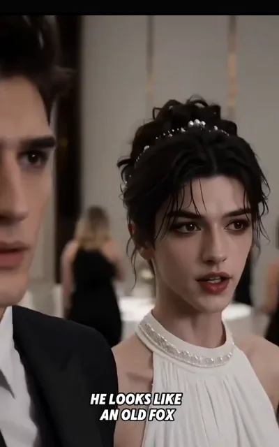 The ballroom aside — a high-bunned figure in a white halter gown leaning toward a curly-haired man in black, both mid-whisper under the chandeliers, the caption “HE LOOKS LIKE AN OLD FOX” beneath (ep5; subtitles as aired)