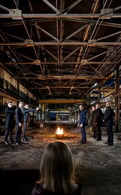 The warehouse at night — men in dark coats squared off around a burning barrel, the empire’s business carried out in cold air (ep1)
