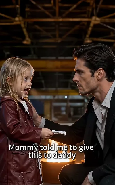 "Mommy told me to give this to daddy" — the note delivered at eye level, the boss crouched down to take it (ep2, subtitles as aired; the line that anchors the whole title)