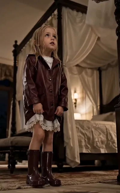 The wine-red raincoat and boots — the smallest resident of the estate standing in her new bedroom (ep4)