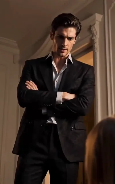The man in the black suit, arms crossed at the carved doorway — the household adjusting to its newest member (ep4)