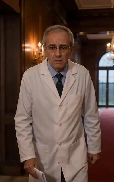 The doctor in the panelled corridor, files in hand — the answer carried upstairs through the family house (ep6)