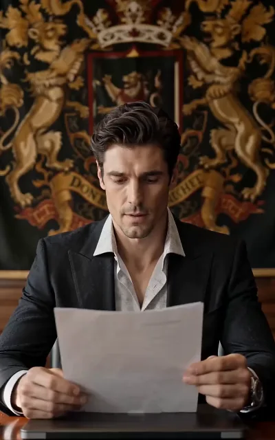 The study under the family crest — documents spread wide, the empire audited line by line (ep7)