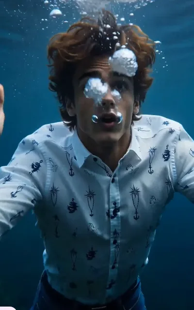 The moment of the water crossing — a body sinking through the lake that links two timelines