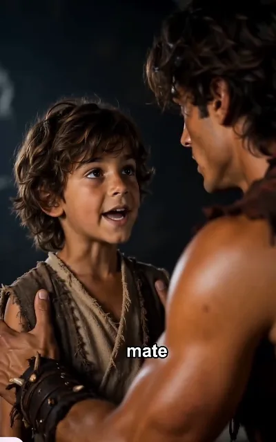 Father and son recognize each other, the subtitle carrying the pack's word 'mate'