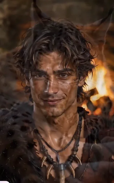 A smile by the campfire, warmth in the primeval dark