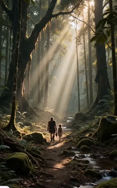 Father and son in a Tyndall-beam vista, the healing arc at its warmest
