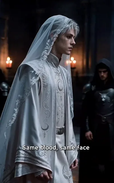 "Same blood, same face" — Eli in the substitute bridal white, delivered to the frozen court; the hooded black-robed figure in the distance is Draven (ep1, subtitles as aired)