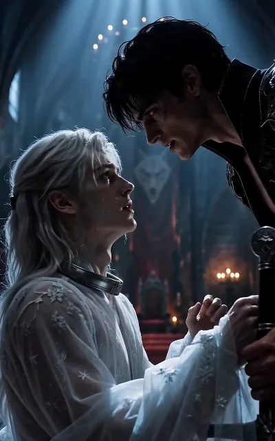 The gothic candlelit hall — Eli in bridal white, tear-tracked and collared; Draven leans in, hand at his sword hilt (ep1)