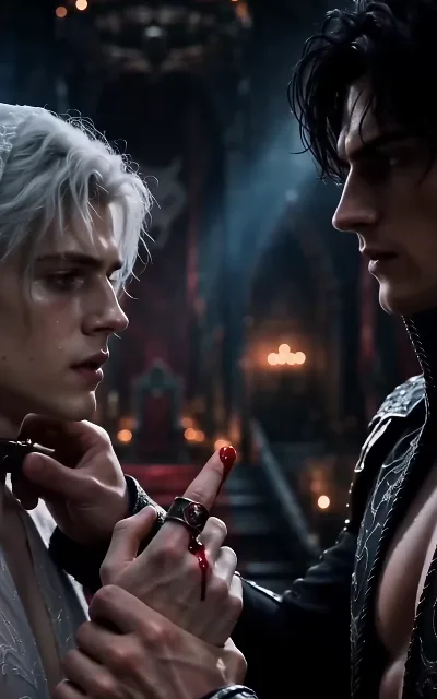 The close-up — Draven’s blood-dipped fingertips, a ruby ring, a grip on Eli’s neck; Eli’s hand loosely around his wrist (ep1)