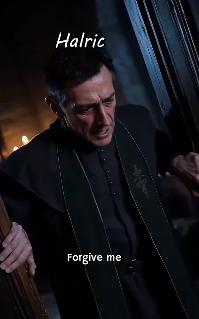 "Forgive me" — the stranger Halric, older man, brow furrowed with guilt: the last frame of the free episodes (ep6, subtitles as aired)