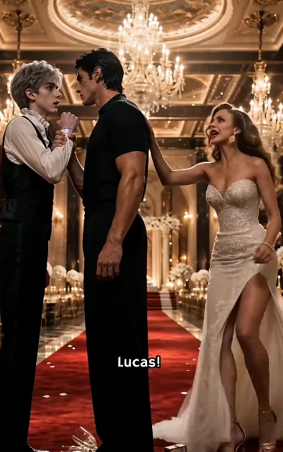 "Lucas!" — the banquet confrontation: the CEO’s grip on the waiter’s wrist, the bride clutching his back, shattered glass on the red carpet (ep1, subtitles as aired)