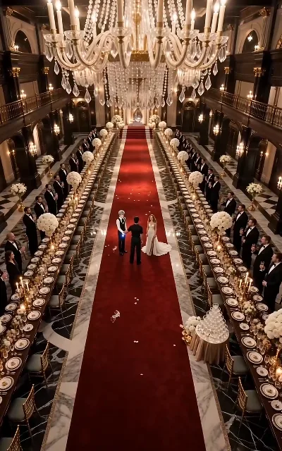 The fraudulent engagement banquet, wide — chandeliers, red carpet, guests in black tie, the ceremony about to be interrupted (ep1)
