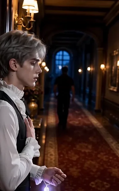 The lamplit corridor — Milo’s fingers on a silver chain, the pendant’s violet glow answering the one on his wrist (ep2; the dragon-token light, in-frame practical effect)