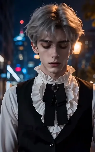 Milo, night portrait — silver-grey hair, white ruffled collar, black bow tie, city bokeh behind him (ep2)
