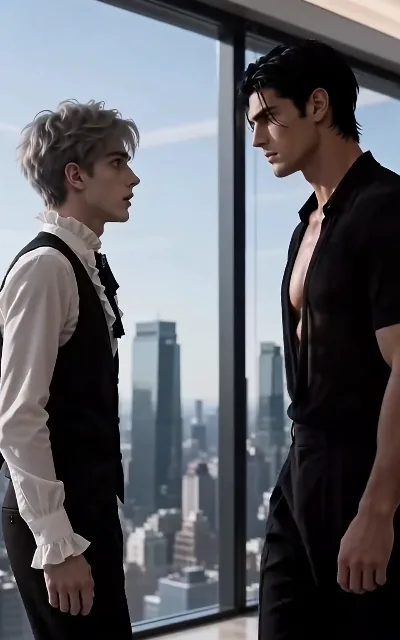 The floor-to-ceiling window stand-off — Milo startled in white and black, Lucas looming in open black, the skyline behind them (ep3)