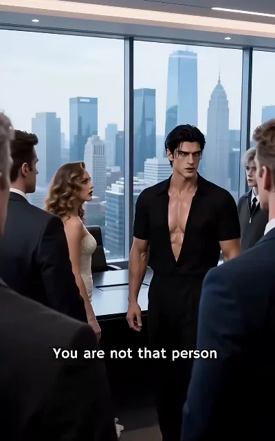 "You are not that person" — the boardroom face-off: the CEO in black against a shocked blonde in formal white, suits closing in (ep4, subtitles as aired)