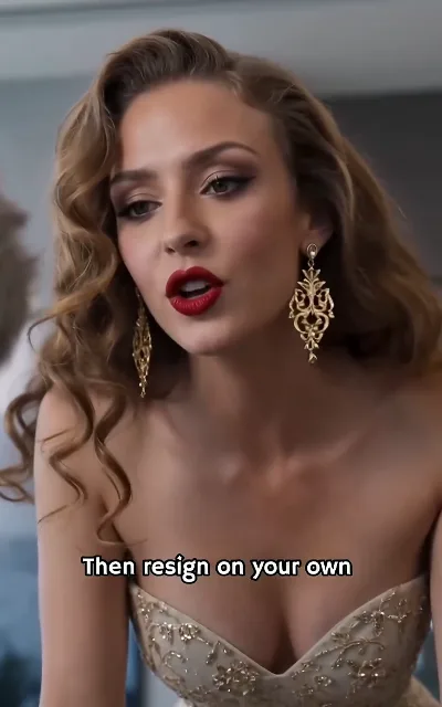 "Then resign on your own" — the workplace ultimatum, delivered by a blonde in gold curls (unnamed in-frame; suspected Angela) (ep5, subtitles as aired)