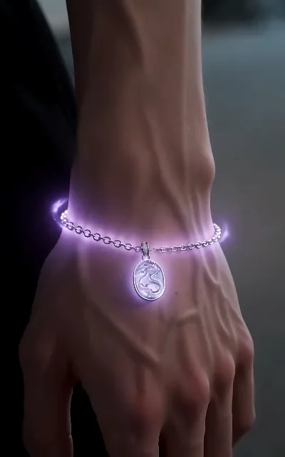 The wrist and the silver chain, close-up — the dragon-token pendant glowing violet, no dialogue needed (ep5)