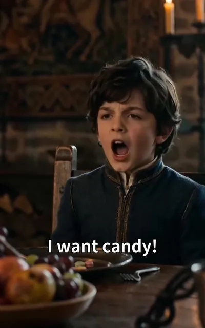 Frame ep02-f00 from episode 2 — Leo yelling for candy (ep2; subtitles as aired — I want candy)