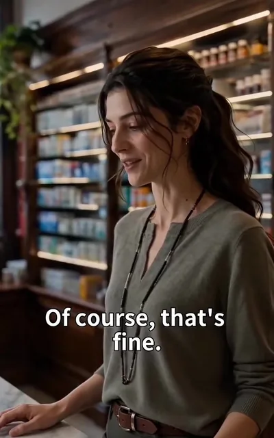 Frame ep03-f05 from episode 3 — Elena in the pharmacy (ep3; subtitles as aired — Of course, that's fine)