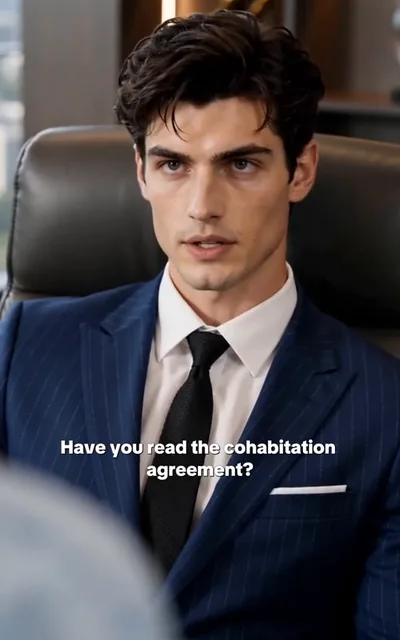 Frame ep03-f03 from episode 3 — Julian slides the contract across the desk (ep3; subtitles as aired — Have you read the cohabitation agreement?)