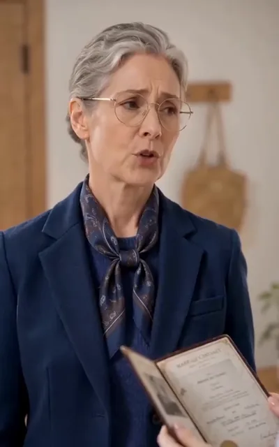 Frame ep03-f01 from episode 3 — The marriage certificate propping up a table leg (ep3; subtitles as aired — Grandma didn't know it was important, so I used it to prop up the table leg.)