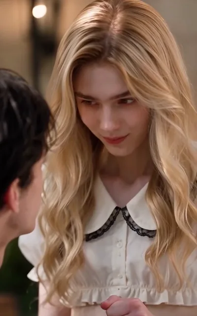 Frame ep02-f02 from episode 2 — Lily appears (ep2; subtitles as aired — Lily, in the white dress and blonde hair.)
